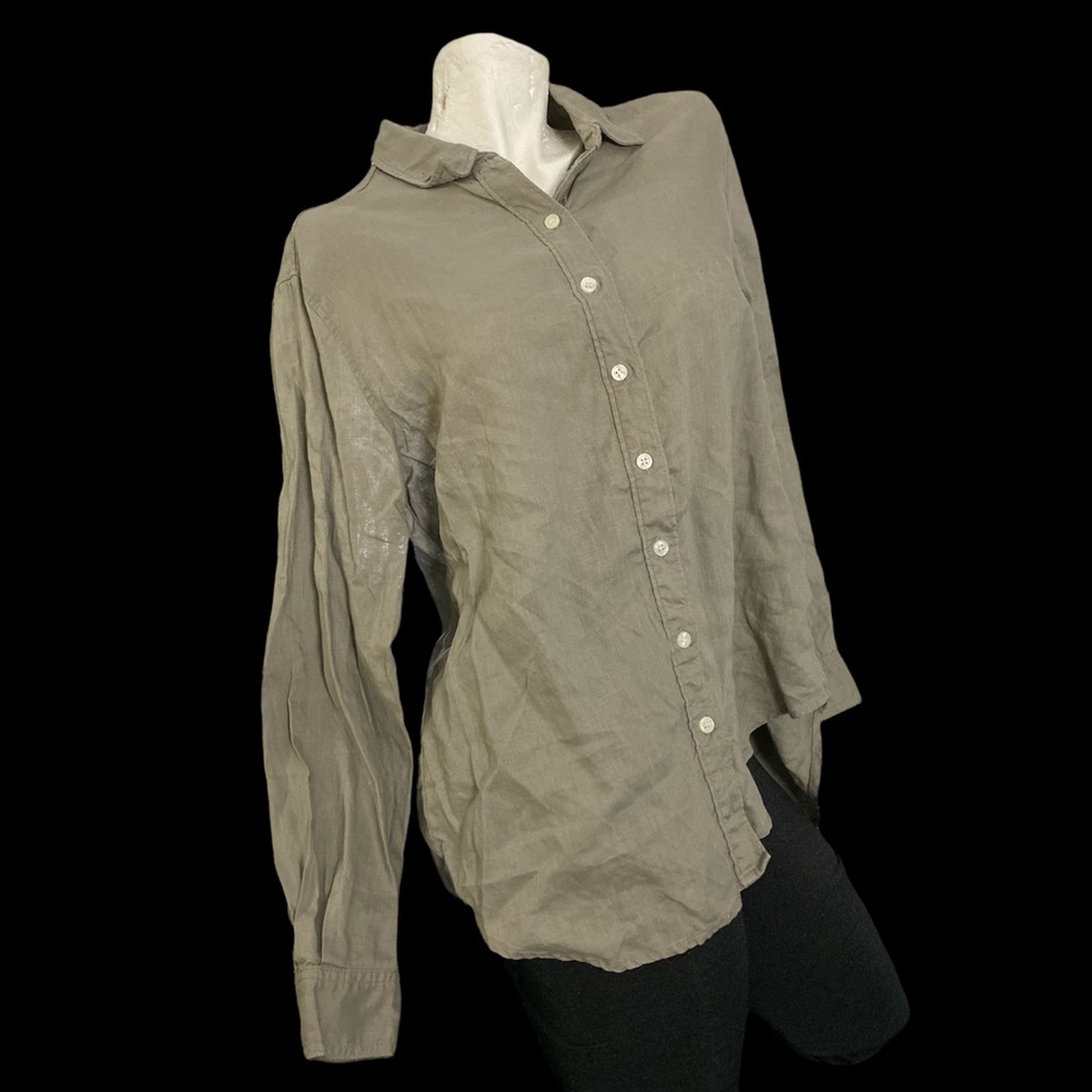 100% Linen Lord & Taylor Petite Button Down Shirt. Stone Grey.